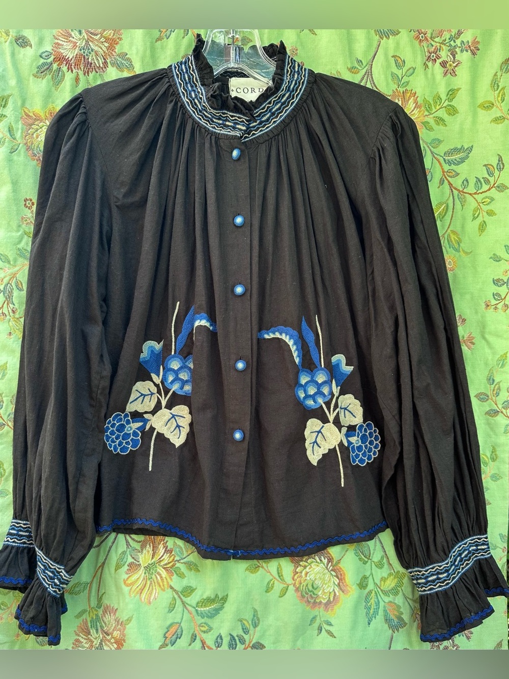 CORD top  embroidered cotton  boho peasant black fill sleeve no tags small